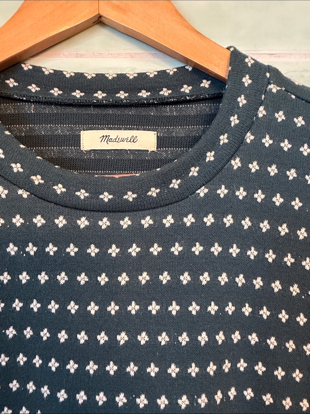 Madewell green Crewneck Sweater with Cream Micro-Diamond Pattern XS
